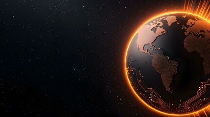 A dark, stylized 3D rendering of planet Earth, depicted as a circuit board with glowing orange lines, set against a backdrop of a dark starry space.