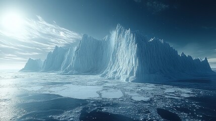 Wall Mural - Majestic Iceberg Towering Over Calm Ocean Waters Under a Bright Sky with Soft Clouds