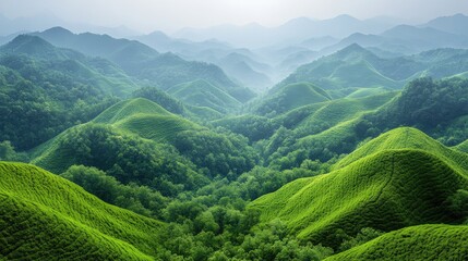 Wall Mural - Lush Green Rolling Hills Under Soft Morning Light with Misty Mountains in the Background