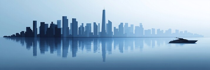 Wall Mural - Calm city skyline reflected in tranquil water with a yacht.