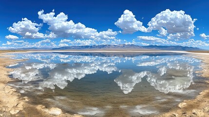 Wall Mural - Stunning panoramic view of a reflective salt flat under a bright blue sky with clouds