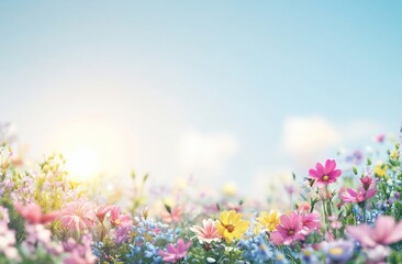 Wall Mural - Vibrant wildflowers bloom in a sunny meadow under a clear blue sky.