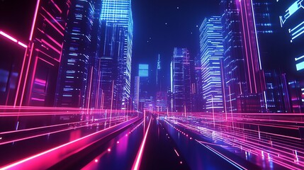 Wall Mural - Neon-lit city street at night, futuristic cityscape with glowing lines and skyscrapers.