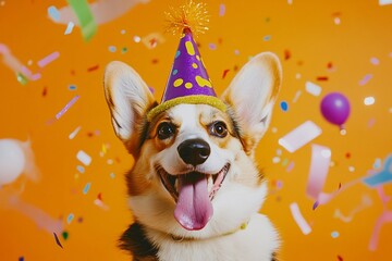 Wall Mural - Happy corgi dog wearing a party hat amidst confetti.