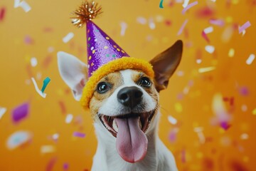 Wall Mural - Happy dog wearing party hat amidst confetti.