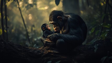 Poster - A chimpanzee mother gently cradles her baby in a lush, dimly lit forest.