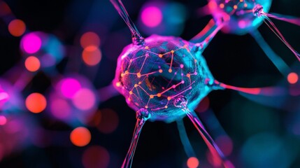 Wall Mural - microscopic view of interconnected cells with vibrant pink and blue glow, illustrating complex netwo