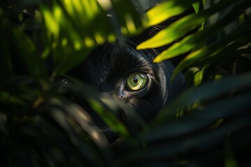 Poster - Close-up of a black panther's eye peering through lush green foliage.