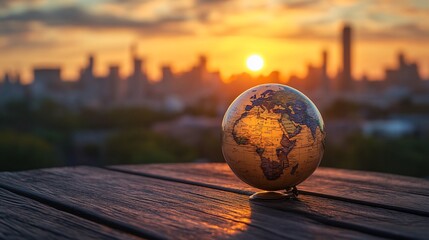 Wall Mural - Sunrise cityscape backdrop, small globe on wooden table.