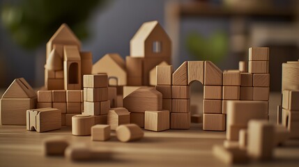 Poster - Playful arrangement of wooden building blocks creating a vibrant and creative structure : Generative AI
