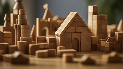 Poster - Detailed view of quaint wooden blocks forming an imaginative architecture landscape : Generative AI