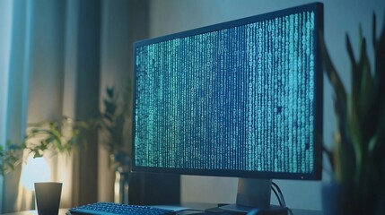 Desktop with falling matrix code on screen, for technology articles in home office setup