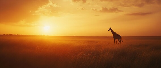 Wall Mural - Solitary giraffe silhouetted against a vibrant sunset over a vast savanna.