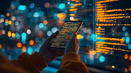Developer checks code on phone at night, cityscape in background for mobile technology