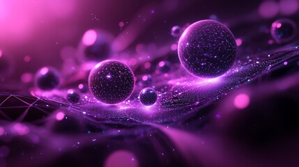 Wall Mural - abstract purple glowing spheres and particles on a dark background.