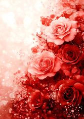 Wall Mural - A close up of a bouquet of red roses. The roses are arranged in a way that they appear to be floating in the air, with some of them overlapping each other. The background is a soft pink color