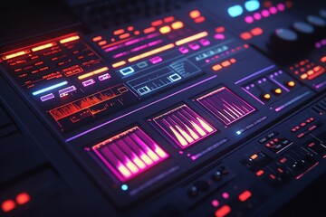 Close-up of a futuristic control panel with glowing neon lights and digital displays.