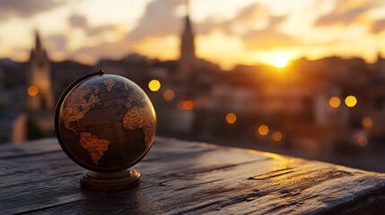 Wall Mural - Globe on wooden table at sunset, cityscape background.