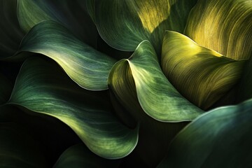 Wall Mural - close-up of lush green and yellow leaves, exhibiting a wave-like pattern and dramatic lighting.