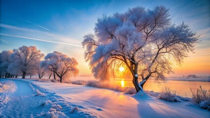 Wall Mural - Frosty Winter Morning: Long Exposure of Trees in a Snowy Landscape