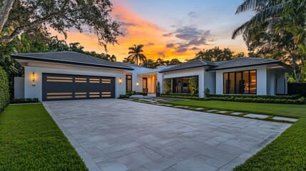 Wall Mural - Modern luxury home at sunset, showcasing sleek architecture, spacious driveway, and lush landscaping.