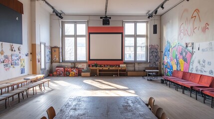 Poster - Spacious, sunlit room with wooden floor, projection screen, red couches, and children's toys, showcasing a versatile space ideal for community events, workshops, or art projects.