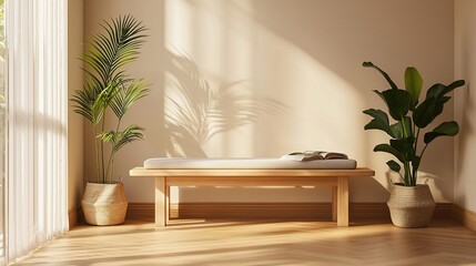 Poster - Sunlit minimalist room interior with wooden bench, potted plants, and open book.