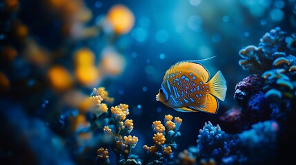 Wall Mural - vibrant orange and blue fish swimming amidst colorful coral reef in deep ocean.