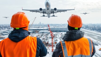 Wall Mural - Two construction workers in safety gear watch an airplane take off above a bustling airport construction site.