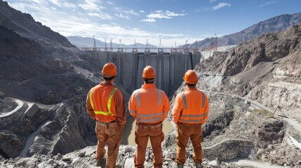 Wall Mural - Three construction workers in safety gear observe a large dam project against a mountainous backdrop under a clear sky.