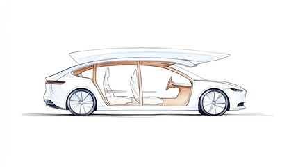 Sleek futuristic car design showcasing interior layout and innovative features, set against a minimalist background