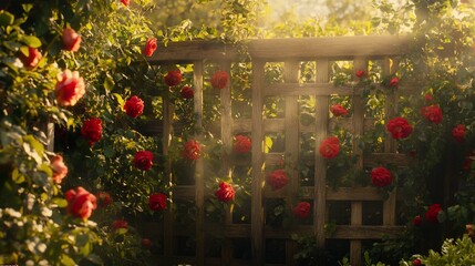 Wall Mural - Sunlit red roses climbing wooden trellis fence in garden.