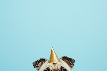 Canvas Print - Cute pug dog wearing a golden party hat against a light blue background.