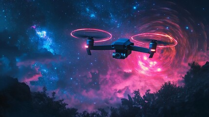 Wall Mural - drone flying at night against a swirling galaxy backdrop.