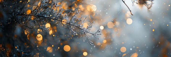 Poster - Frosty winter branch with bokeh lights.