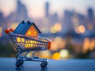 Wall Mural - Miniature house in shopping cart against city bokeh.