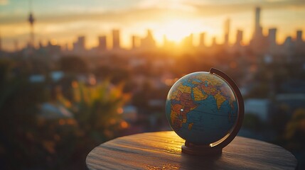 Wall Mural - Sunset cityscape backdrop with a globe on a table.