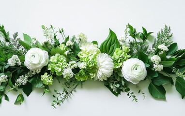 Wall Mural - Elegant Floral Border with White Ranunculus and Green Hydrangea on White Background.