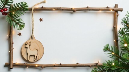 Poster - Rustic Winter Holiday Frame with Reindeer Ornament and Twinkling Lights