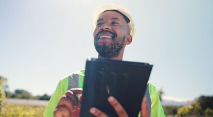 Poster - Outdoor, smile and black man with tablet for construction, project development and maintenance. Architecture, male person and business architect with digital for inspection, research and thinking