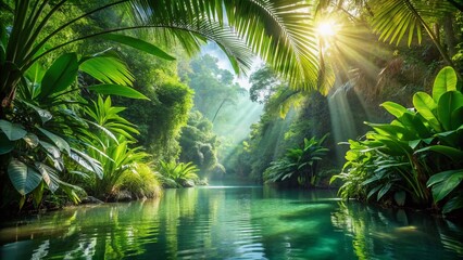 Wall Mural - Lush Rainforest Plants Over Water - Vibrant Green Foliage Background