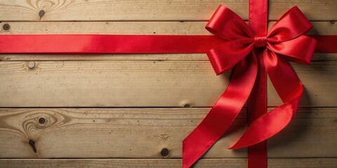 Wall Mural - Elegant Red Ribbon Bow on Wooden Background Perfect for Festive Occasions