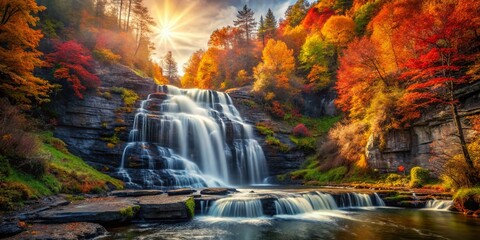 Wall Mural - Majestic Autumn Waterfall: Cascading Water Over Rocky Cliffs & Vibrant Fall Foliage