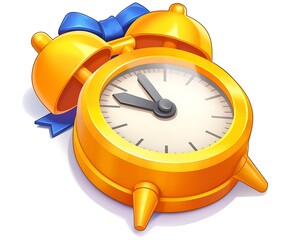 Golden alarm clock with ribbon, 3D graphic, time concept