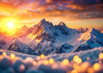 Wall Mural - Majestic Mountain Peaks Cloaked in Fresh Snow - Stunning Winter Landscape Bokeh Photography