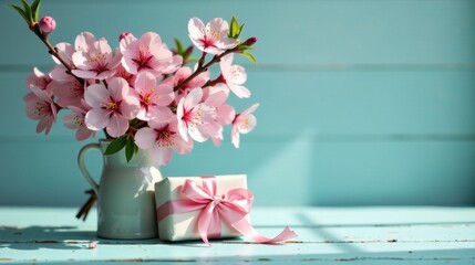 Poster - Delightful Pink Blossoms and a Gift in a Vase on a Table