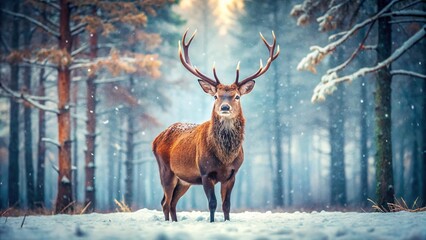 Wall Mural - Majestic Red Deer Stag in Snowy Winter Wonderland - Vintage Photography