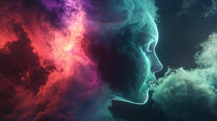 Wall Mural - dreamy profile abstract human face silhouette with ethereal smoke and colorful nebula, artistic digi