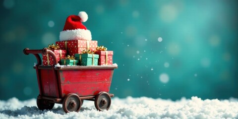 Poster - A miniature red wagon overflowing with festively wrapped presents and topped with a Santa hat sits in a snowy scene against a teal backdrop.