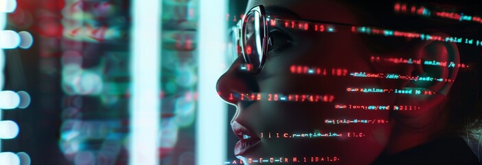 Wall Mural - professional man data technology gene editing scientist close up with data information panoramic bac